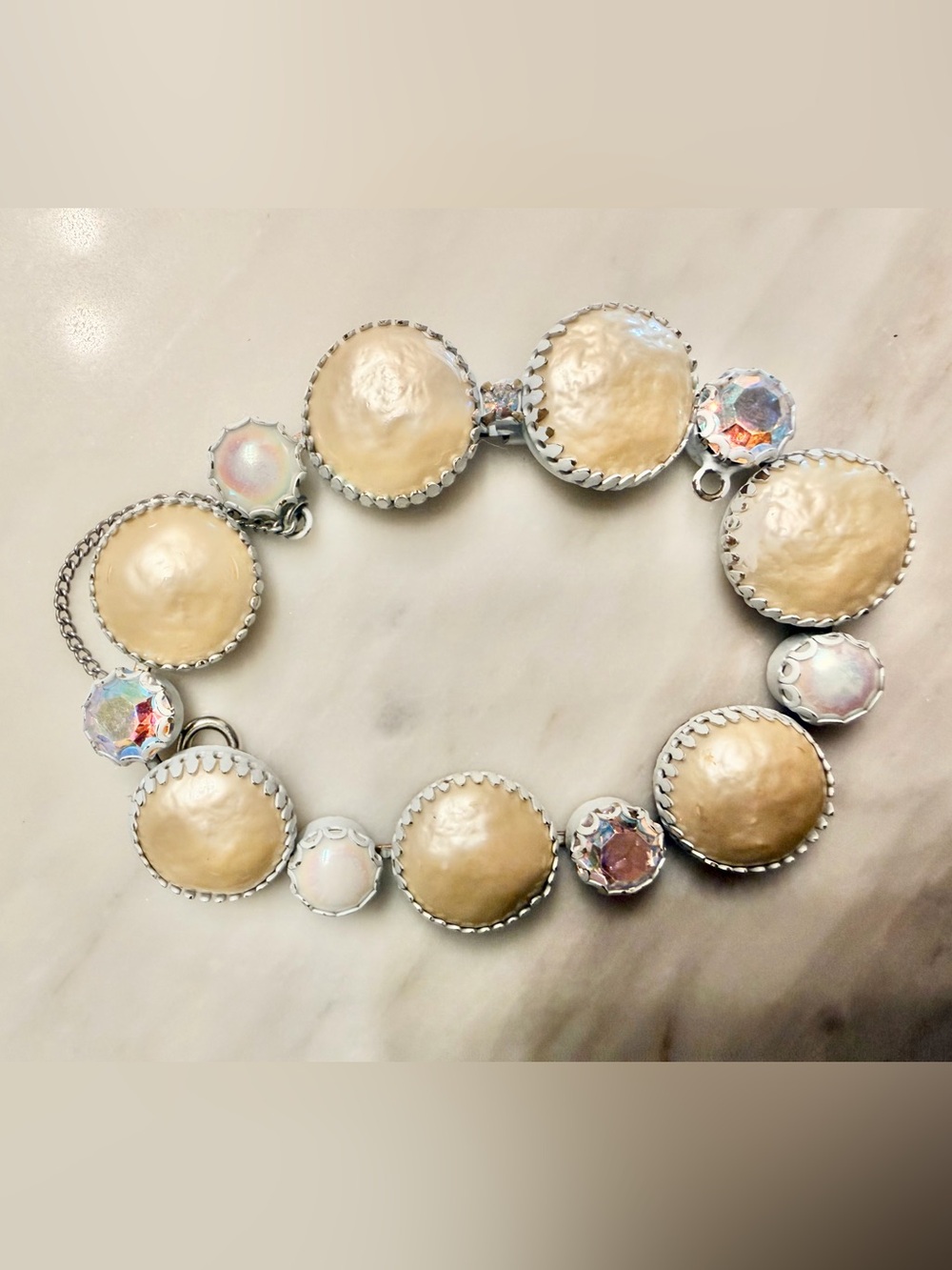 Vintage SIGNED Regency Copper Faux Pearl & AB Rhinestone Clasp Bracelet